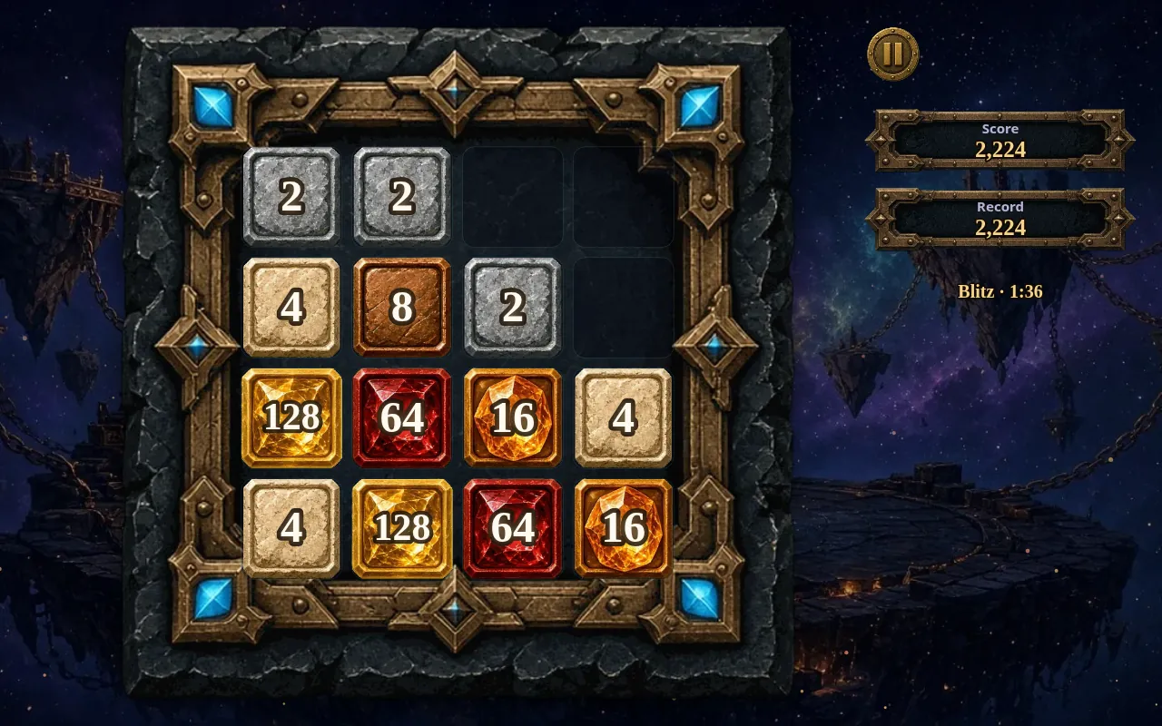 Blitz board with the timer reading 1:36 and score 2,224: two 128s and two 64s spread over the bottom two rows, smaller stones above