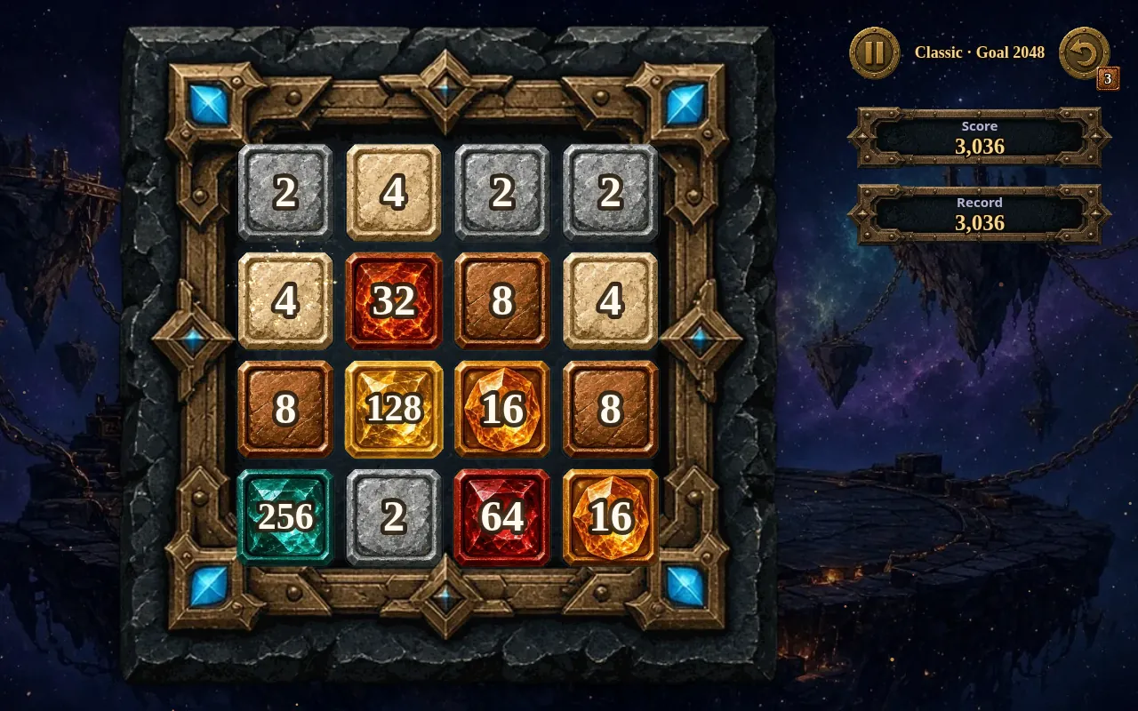 Classic board near the end: bottom row 256, 2, 64, 16; above it 8, 128, 16, 8; then 4, 32, 8, 4; top row 2, 4, 2, 2; score 3,036