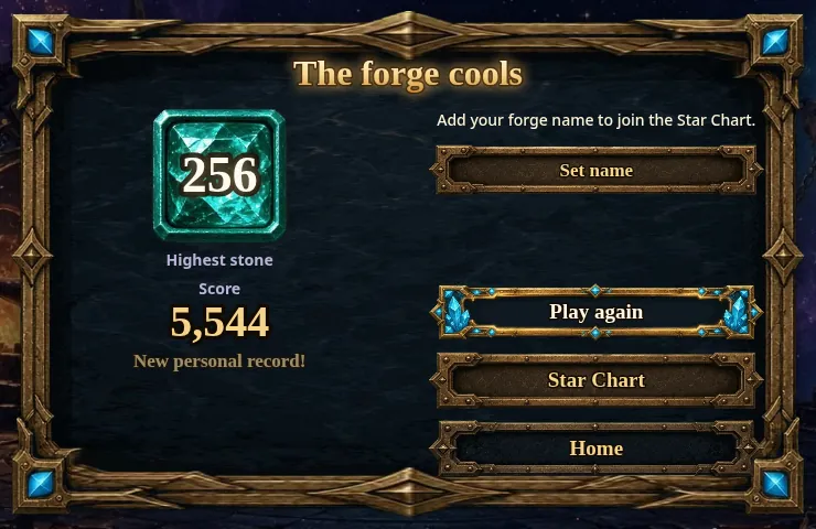 The forge cools result card: highest stone 256, score 5,544, new personal record, with Set name, Play again, Star Chart and Home buttons