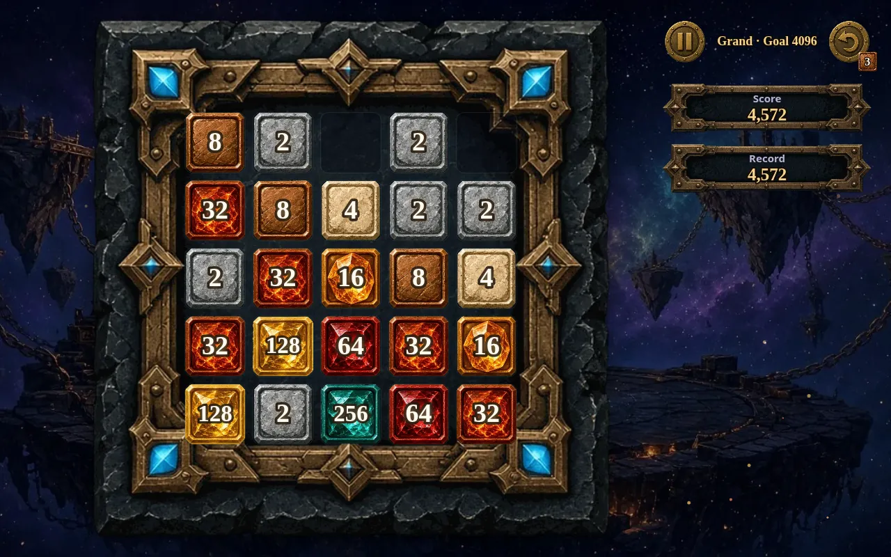 Grand 5×5 board: the 256 sits in the middle of the bottom row between a 2 and a 64, two 128s that are not side by side, and the score reads 4,572 with the goal Grand · Goal 4096 at the top