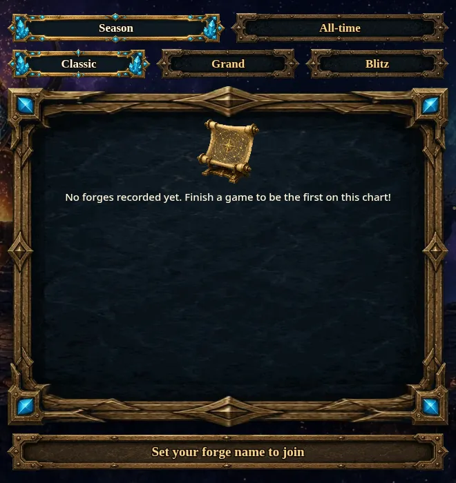 Star Chart screen with Season and All-time tabs, Classic, Grand and Blitz tabs, an empty chart saying no forges recorded yet, and a button at the bottom reading Set your forge name to join