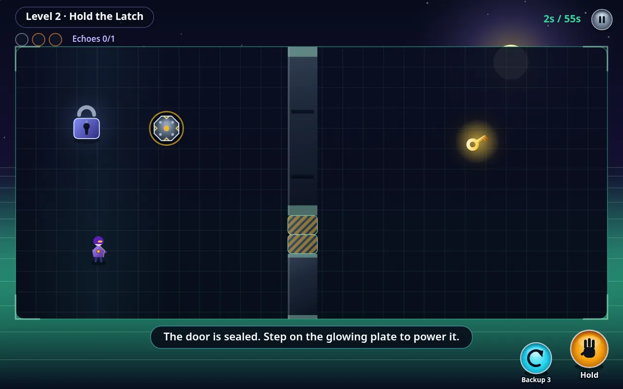 Level 2 Hold the Latch: the padlock and the pressure plate on the left, the keeper below them, a closed striped door in the middle wall and the key glowing on the right, timer 2 of 55 seconds