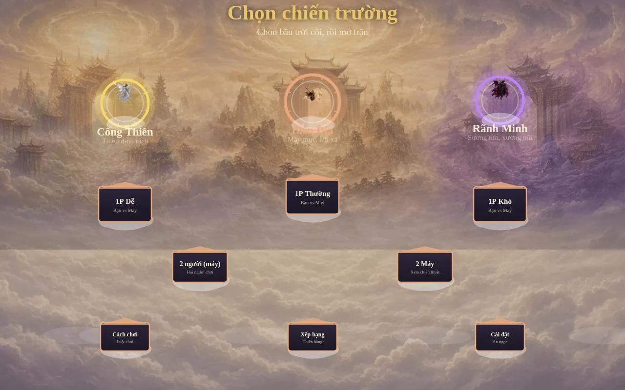 アーミーディフェンスの戦場選択画面(ベトナム語):上に天・人・冥の三つの界の球、1P Easy、1P Normal、1P Hard、2 人、2 AI のボタン、その下に遊び方、ランキング、設定