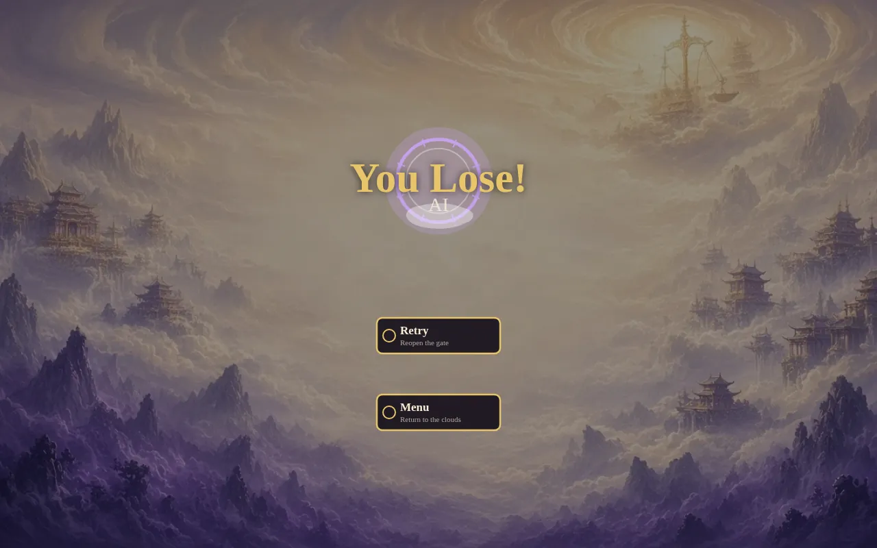 雲に浮かぶ寺院を背景にした You Lose 画面と Retry、Menu ボタン
