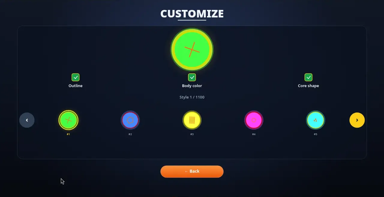 Bigger Dot Customize screen: a large green dot with a yellow outline and an orange cross core, three ticked options Outline, Body color and Core shape, Style 1 / 1100, and a row of numbered styles #1 to #5