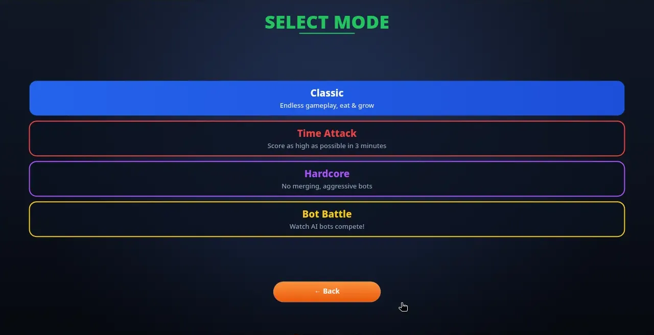 Bigger Dot Select Mode screen with four options: Classic (Endless gameplay, eat & grow), Time Attack (Score as high as possible in 3 minutes), Hardcore (No merging, aggressive bots) and Bot Battle (Watch AI bots compete!)