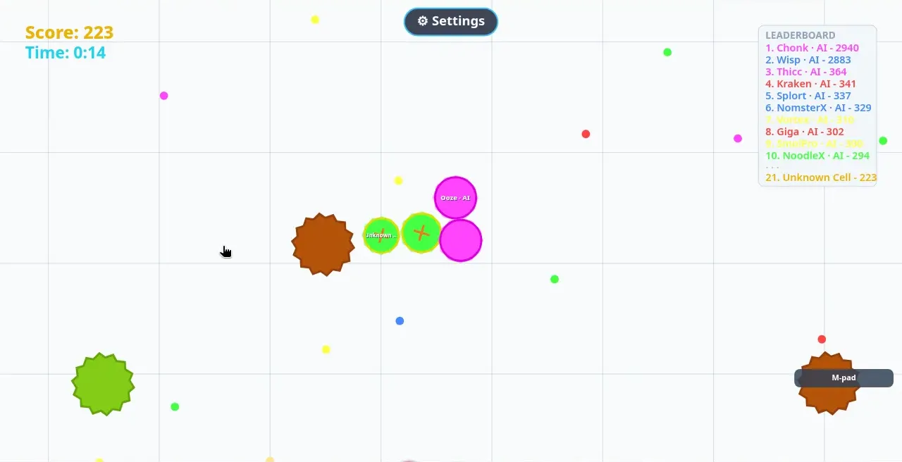 Two halves of a green player dot after a split, sitting side by side next to a large brown spiky splitter, with a split pink AI bot called Ooze pressing in from the right; Score 223, Time 0:14