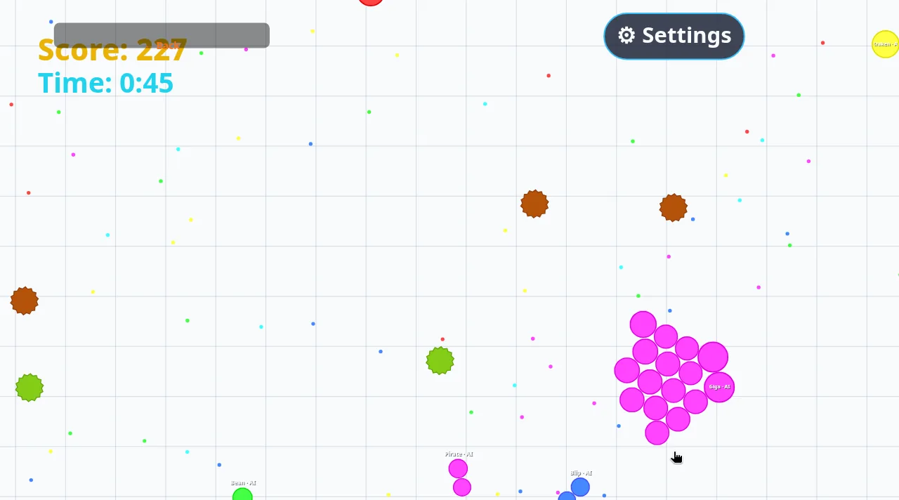 Bigger Dot Bot Battle at 0:45: the magenta bot Giga split into about twenty pieces packed together at the lower right of a white grid arena, brown and green spiky splitters scattered around, small pink and blue bots at the bottom edge, Score 227 and Time 0:45 at top left