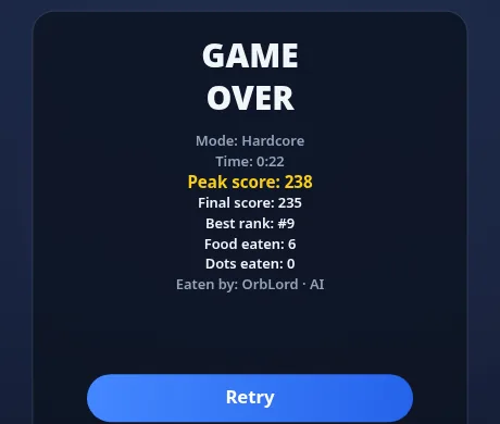 Bigger Dot Game Over card for a Hardcore round: Time 0:22, Peak score 238, Final score 235, Best rank 9, Food eaten 6, Dots eaten 0, Eaten by OrbLord · AI