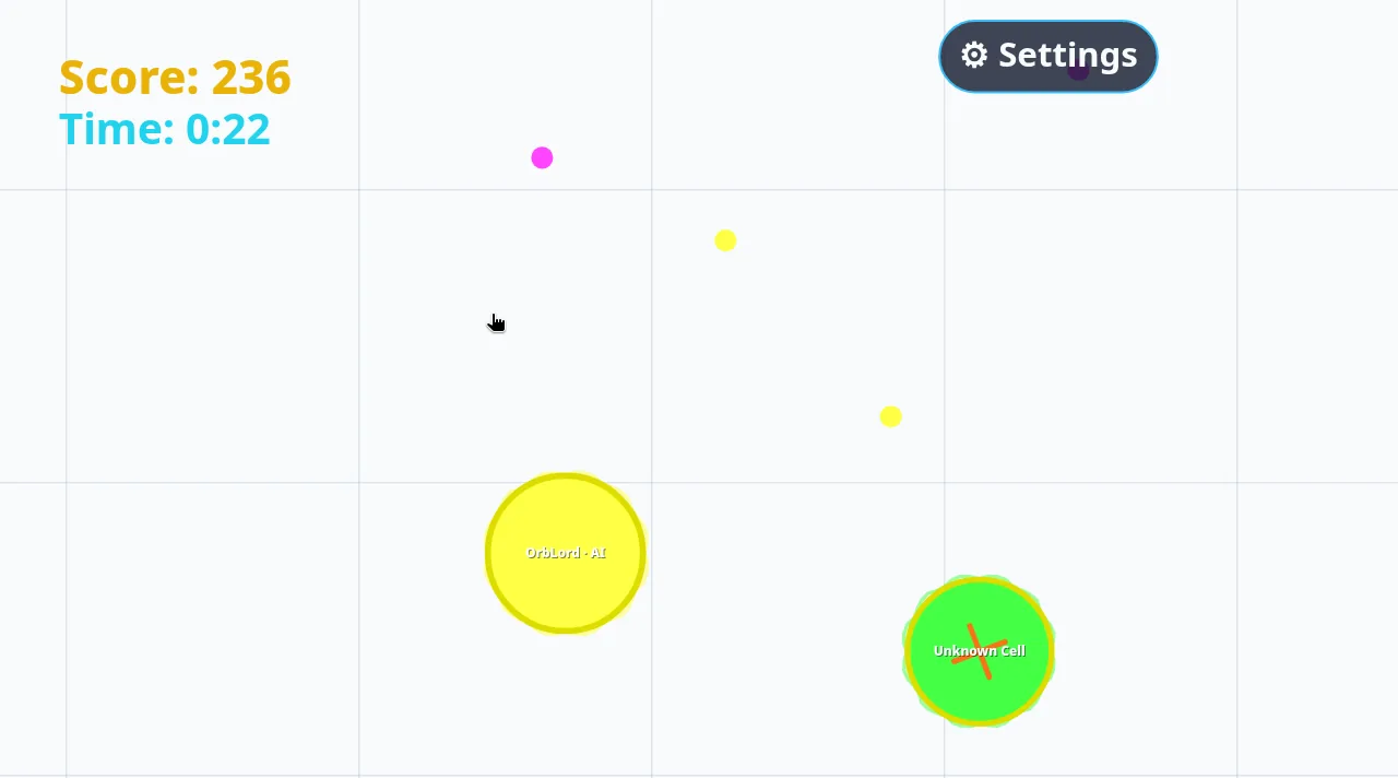 Bigger Dot Hardcore at 0:22: our green dot labelled Unknown Cell at the lower right, a larger yellow bot labelled OrbLord · AI just to its left, a few food dots, Score 236 and Time 0:22 at top left