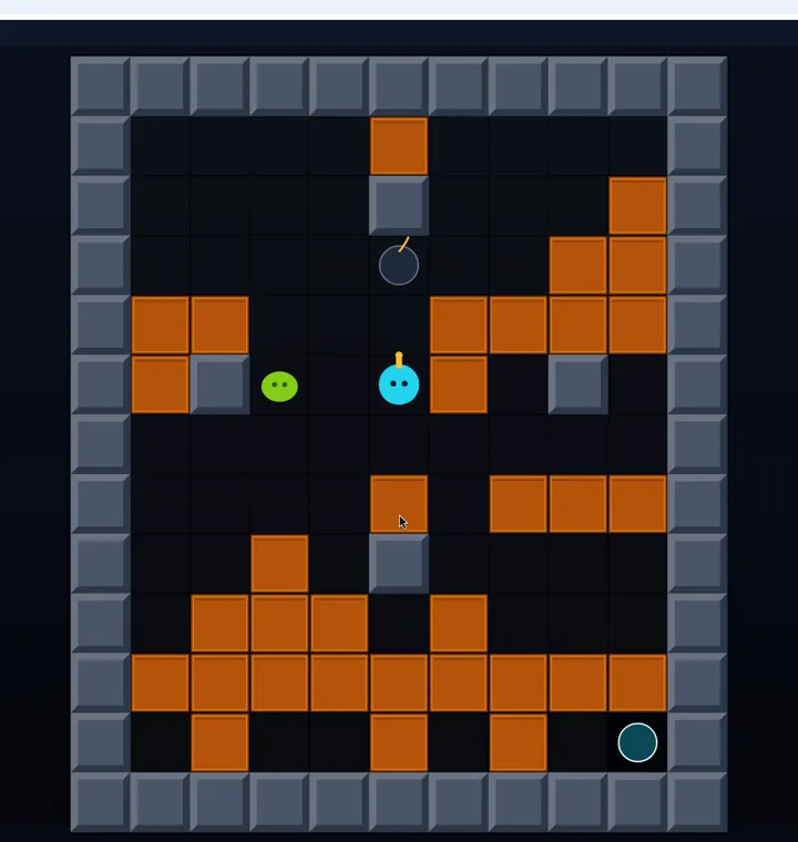 A black bomb placed in a corridor while the green blob is right next to our cyan bomber