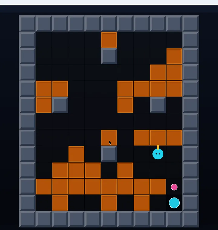 The enemy gone, the exit circle now bright cyan in the bottom-right corner, and a small pink dot pickup where a crate used to be