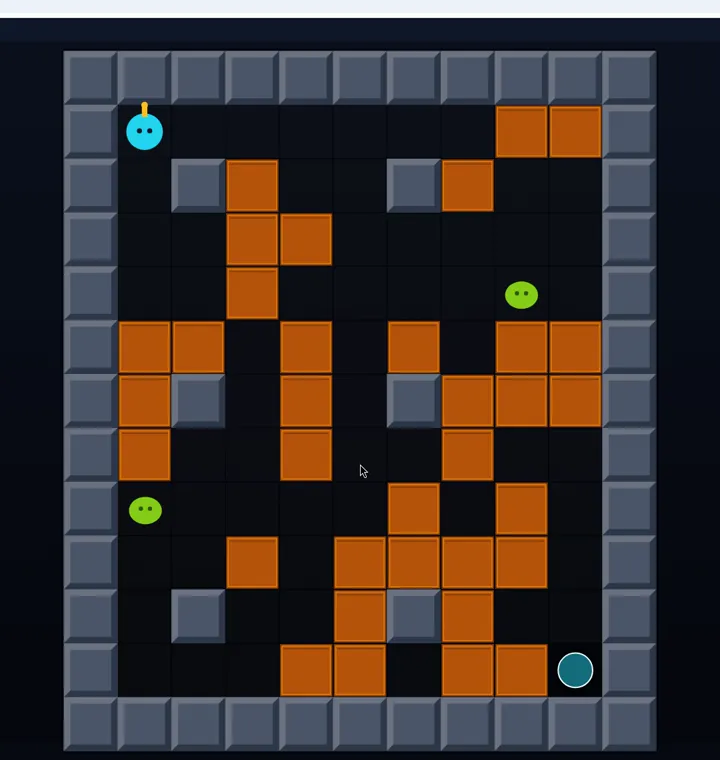 Stage 2: a grid packed with more orange crates and two green blob enemies