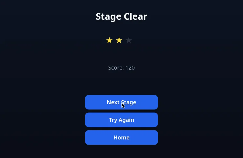 Stage Clear screen with 2 of 3 stars, Score 120 and the buttons Next Stage, Try Again and Home