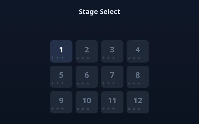 Stage Select screen with stages 1 to 12, three star dots under each, and only stage 1 unlocked