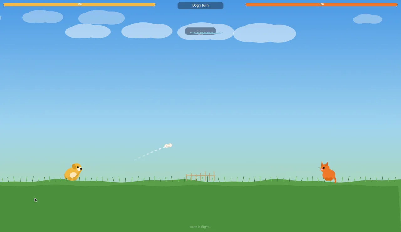 Bone Toss in play: meadow with the dog on the left and the cat on the right, a small wooden fence in the middle, both health bars full at 100, the banner Dog's turn with the wind box under it, a bone mid-air with a dashed trail, and Bone in flight... at the bottom