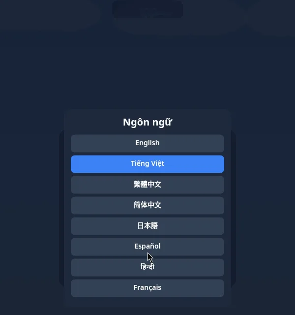 Bone Toss language list opened from the Vietnamese menu, titled Ngôn ngữ: English, Tiếng Việt (highlighted), 繁體中文, 简体中文, 日本語, Español, हिन्दी, Français
