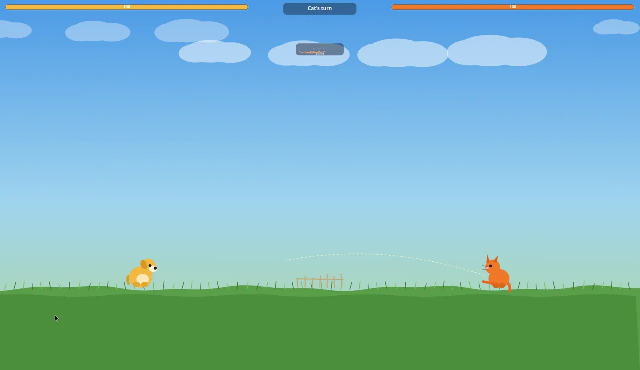 A dashed arc from the dog's side ending at the cat, with the banner already showing Cat's turn