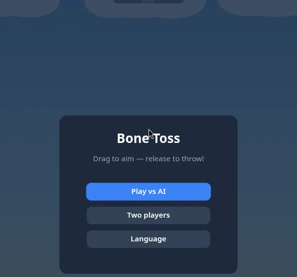 Bone Toss title card in English: Drag to aim — release to throw!, with the buttons Play vs AI, Two players and Language