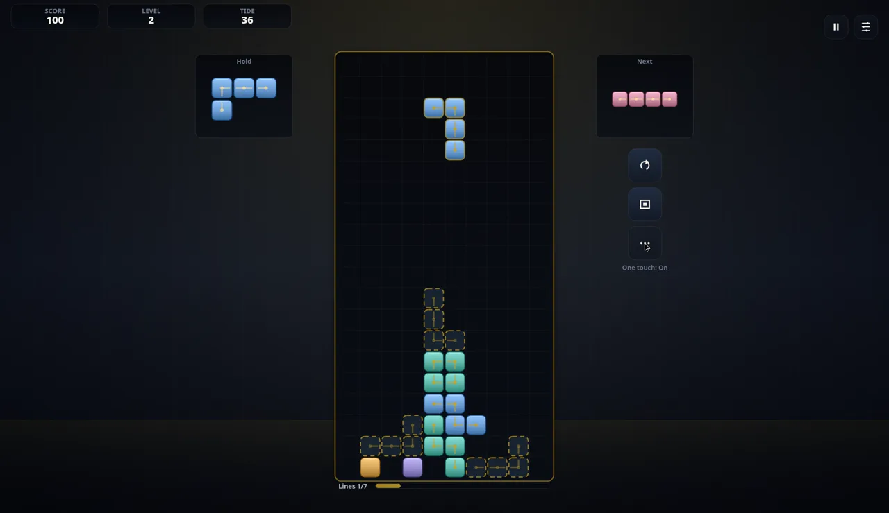 In-game screen after our first clear: SCORE 100, LEVEL 2, TIDE 36; a blue piece in Hold, a pink four-long piece in Next, a blue piece falling, dashed-outline ghost landing spots near the bottom, the Rotate, Hold and … buttons with One touch: On, the Lines 1/7 bar, and a plain orange and a plain purple brick at the bottom