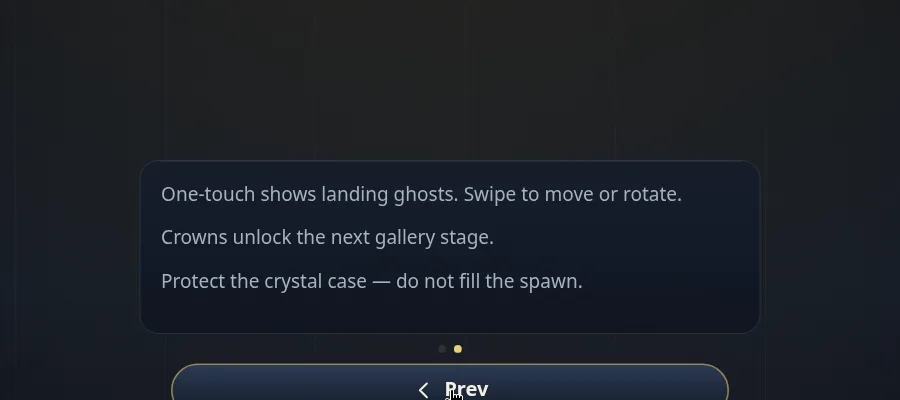 Help page 2: one-touch landing ghosts, swipe to move or rotate, crowns unlock the next stage, do not fill the spawn