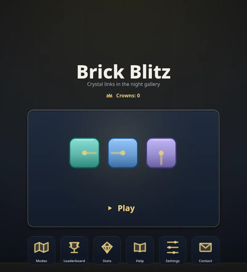 Brick Blitz home screen in English: the title Brick Blitz, a subtitle about crystal links in the night gallery, Crowns: 0, a Play card, and a bottom row with Modes, Leaderboard, Stats, Help, Settings and Contact