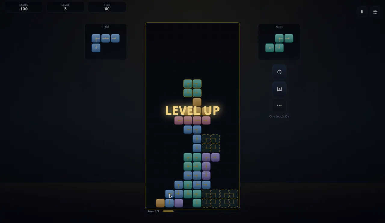 LEVEL UP banner across the board, with the stack of bricks still in place underneath