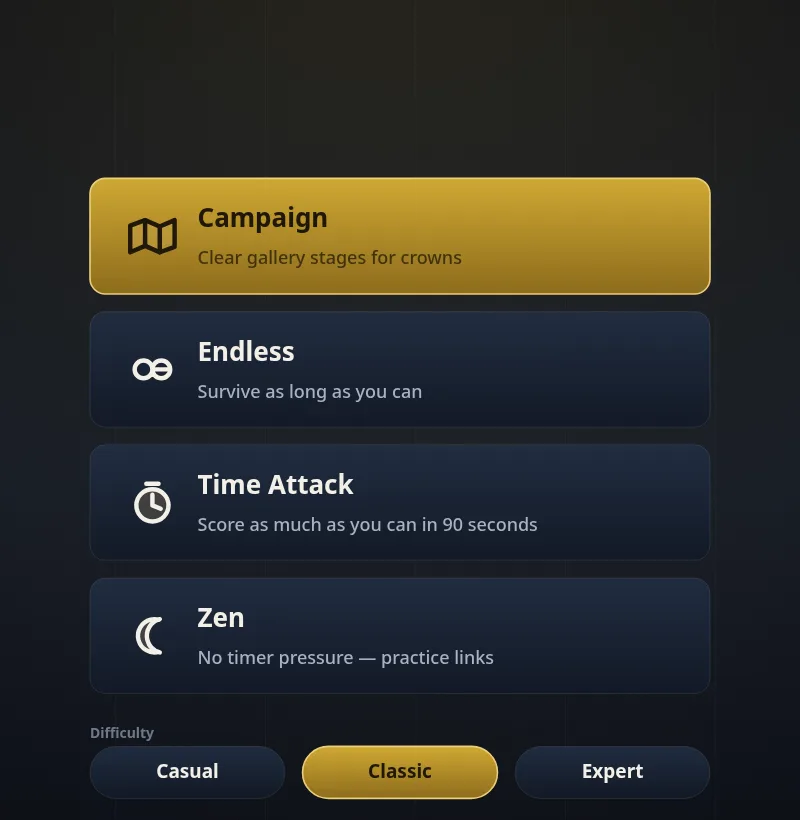 Modes screen with Campaign, Endless, Time Attack and Zen, and the difficulty row Casual, Classic, Expert with Classic selected