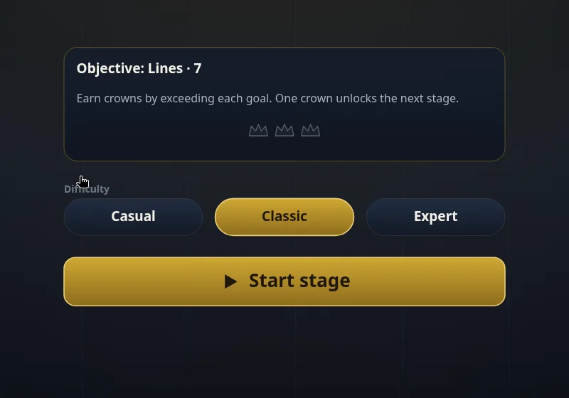 Stage 1-1 card: Objective: Lines · 7, the line about earning crowns, three empty crown outlines, Casual / Classic / Expert and a Start stage button