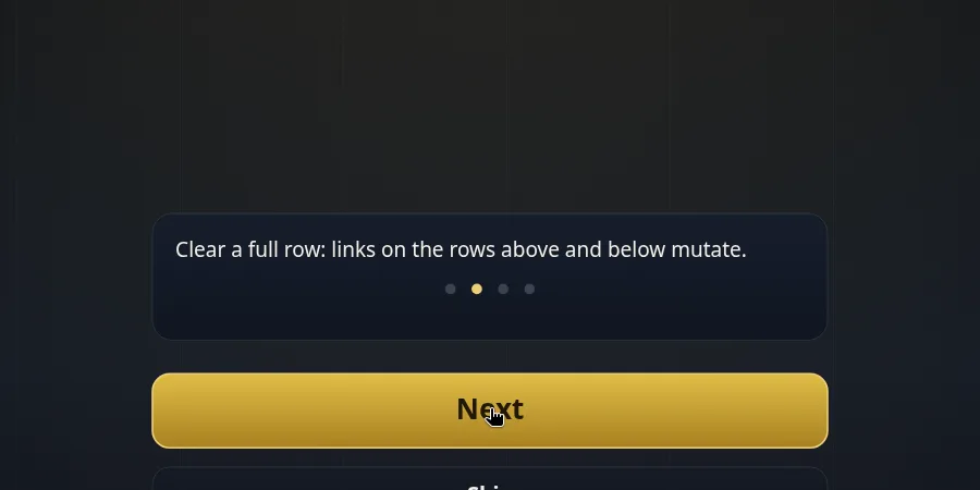 Tutorial card, page 2 of 4: Clear a full row: links on the rows above and below mutate, with a Next button