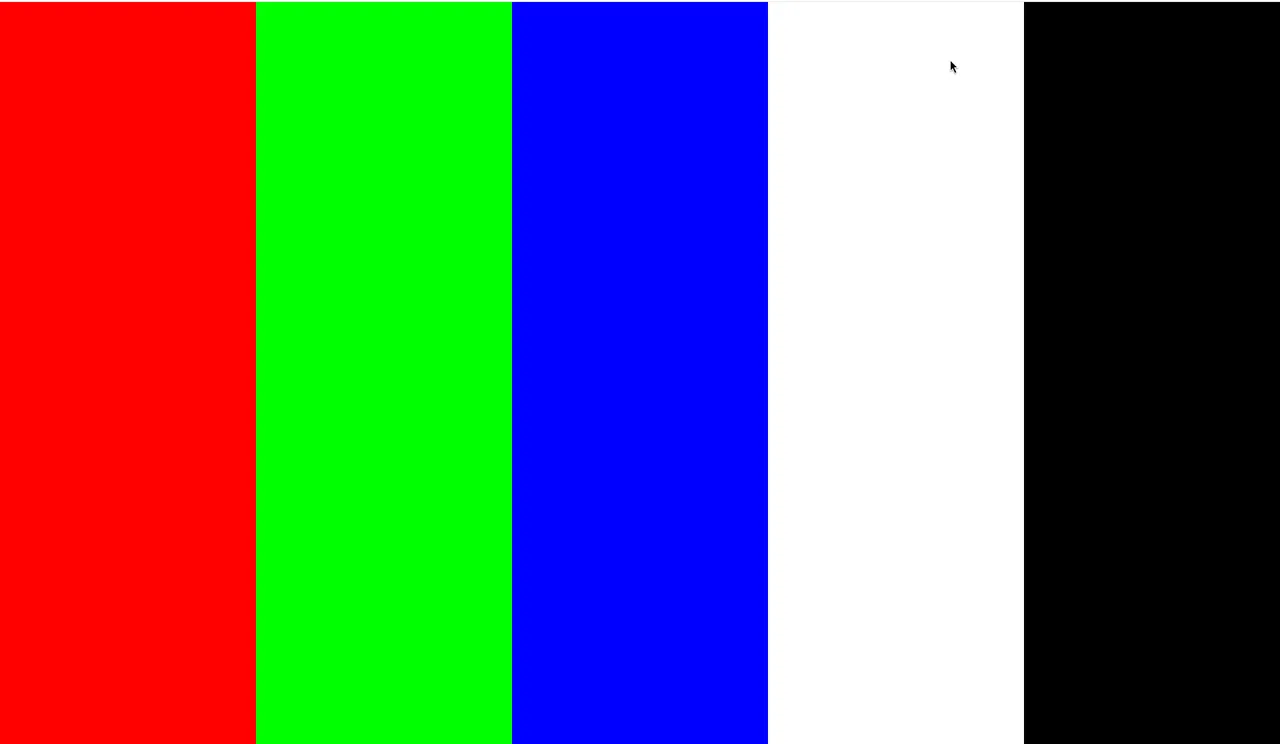 Dead Pixel RGB Bars test: five full-height stripes in red, green, blue, white and black across the whole browser window