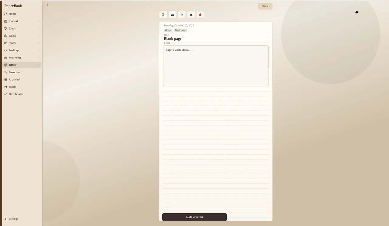 A new PaperBook page in the Other group: the date Tuesday, October 20, 2026, tags Other and Blank page, a Title of Blank page, an empty Detail box reading Tap to write detail…, lined paper below, a Save button at the top and a Note created message at the bottom