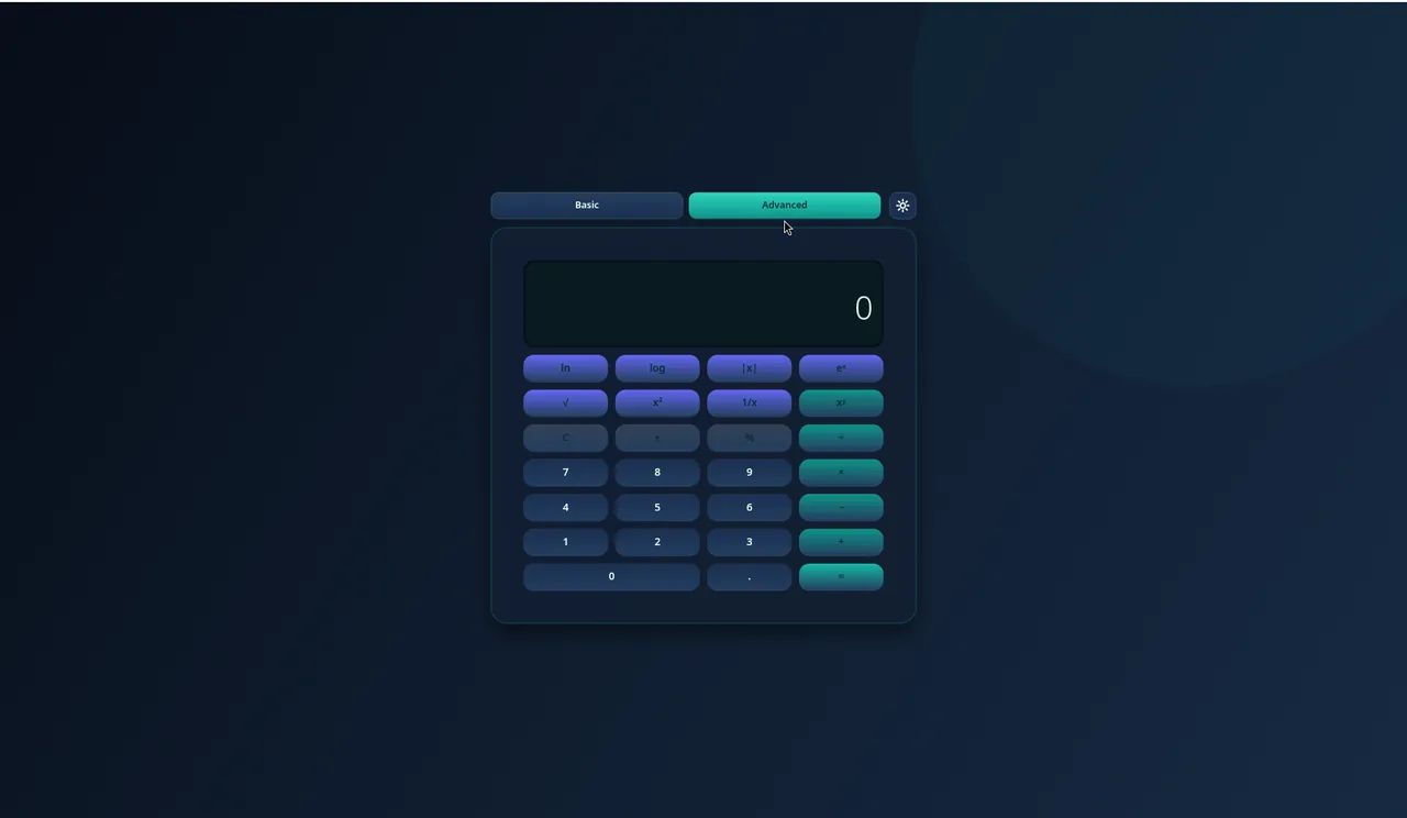 Personal Calculator on the Advanced tab: extra keys ln, log, |x|, eˣ, √, x², 1/x and xʸ above the Basic keypad