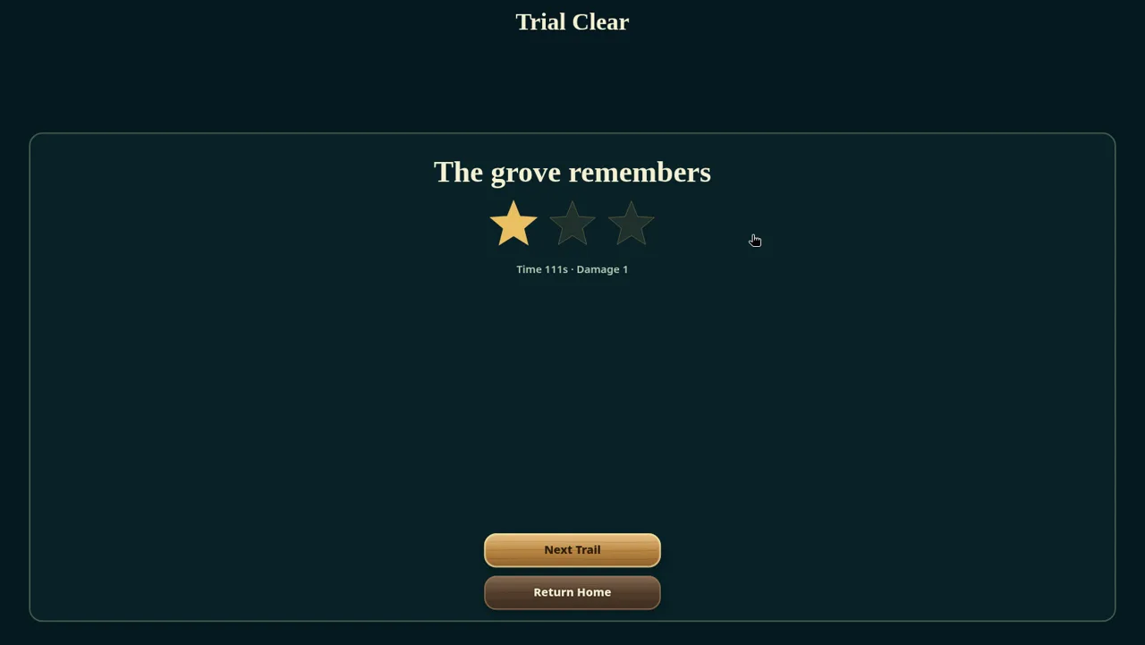 Memory Grove की Trial Clear स्क्रीन: The grove remembers, तीन में से एक सुनहरा सितारा, Time 111s, Damage 1, और Next Trail, Return Home बटन
