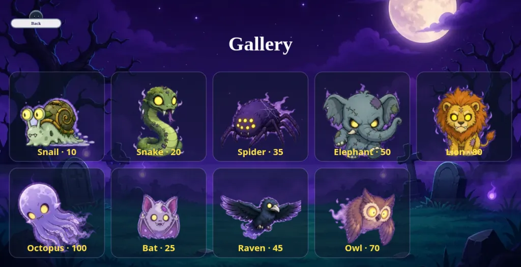 Ghost Hunter Gallery of nine ghosts with their points: Snail 10, Snake 20, Spider 35, Elephant 50, Lion 80, Octopus 100, Bat 25, Raven 45 and Owl 70
