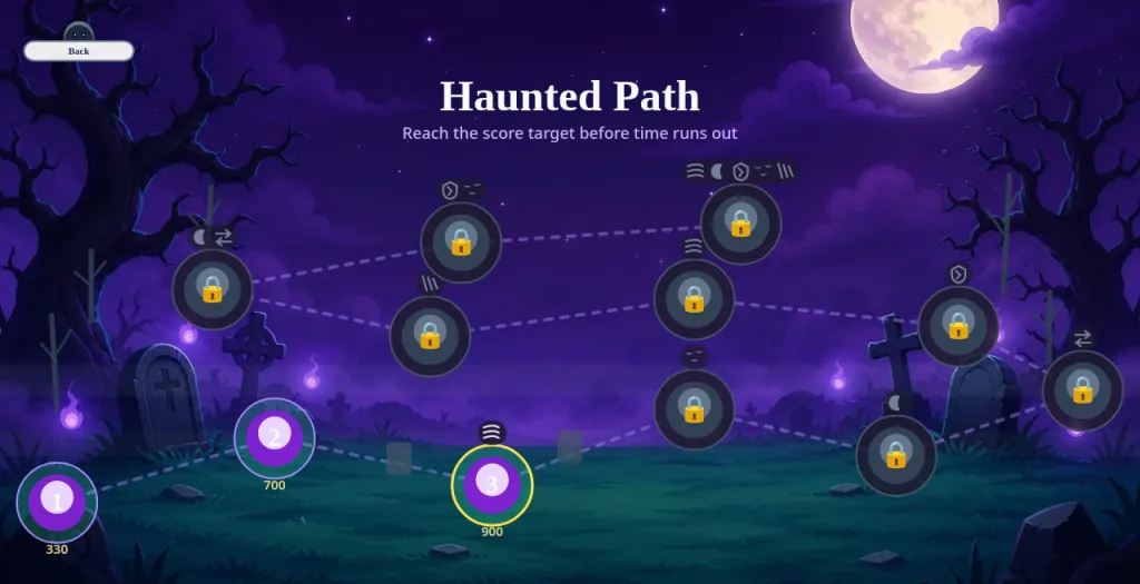 Ghost Hunter Haunted Path map: twelve level nodes on a dotted path through a graveyard, levels 1, 2 and 3 unlocked with targets 330, 700 and 900, the other nine locked with small icons for modifiers such as wind, darkness, shields and swaps