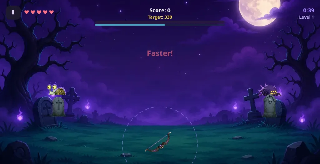 Ghost Hunter Level 1, Quiet Graves: a snail ghost on a gravestone at left and a spider ghost on a gravestone at right, the word Faster! in red mid-screen, five hearts, Score 0, Target 330, 0:39 left