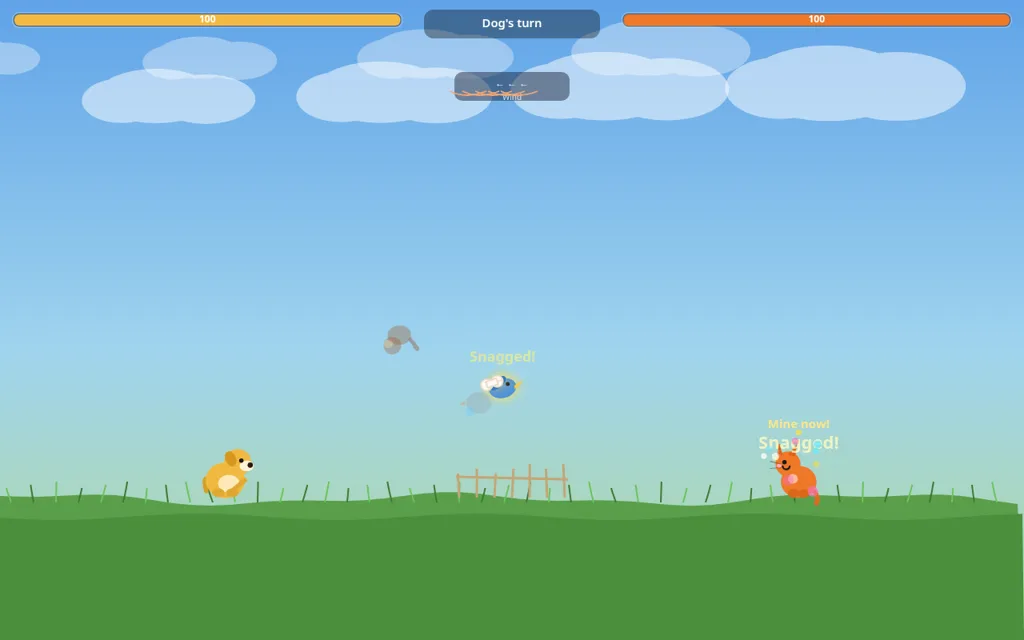 Bone Toss : un oiseau bleu attrape en plein vol l'os lancé par le chien avec le mot Snagged, le chat à droite crie Mine now, les deux barres de vie encore à 100 et l'encadré du vent montre des flèches vers la gauche