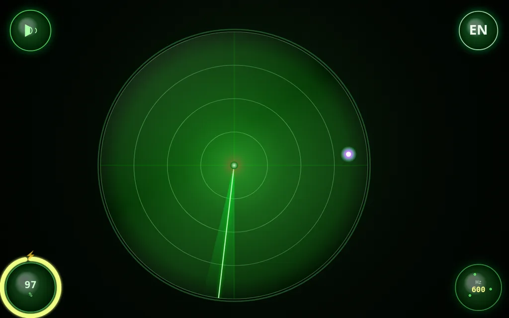 Ghost Detector radar screen: a green circular sweep with a single lilac blip on the right edge, the charge orb at 97 in the bottom-left corner and the frequency orb reading 600 in the bottom-right corner