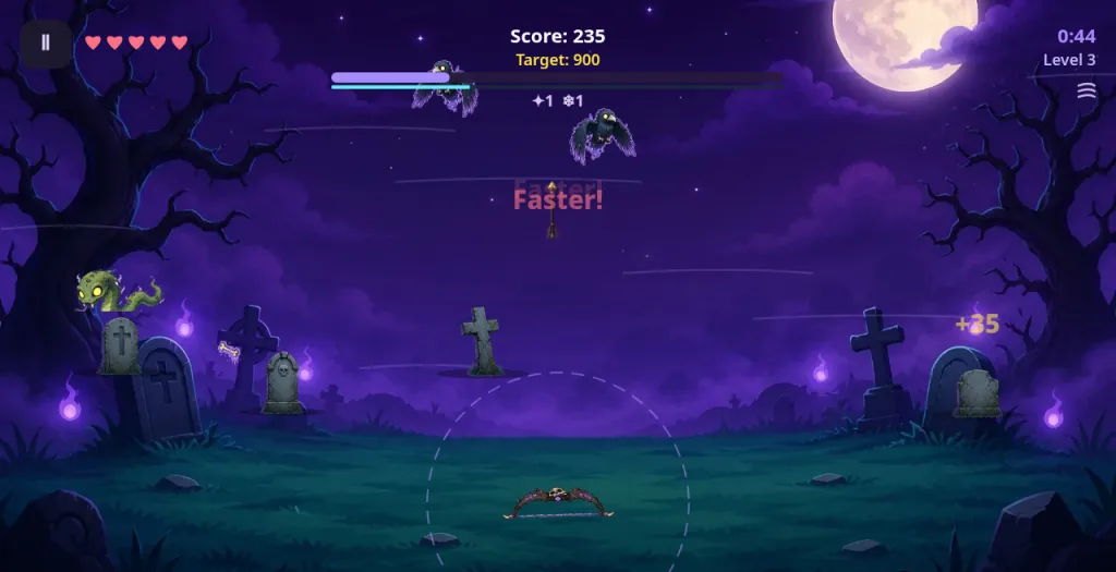 Ghost Hunter Level 3, Windy Hollow: two raven ghosts under a full moon, a snake ghost on a gravestone, wind streaks across a purple graveyard and the bow at bottom centre