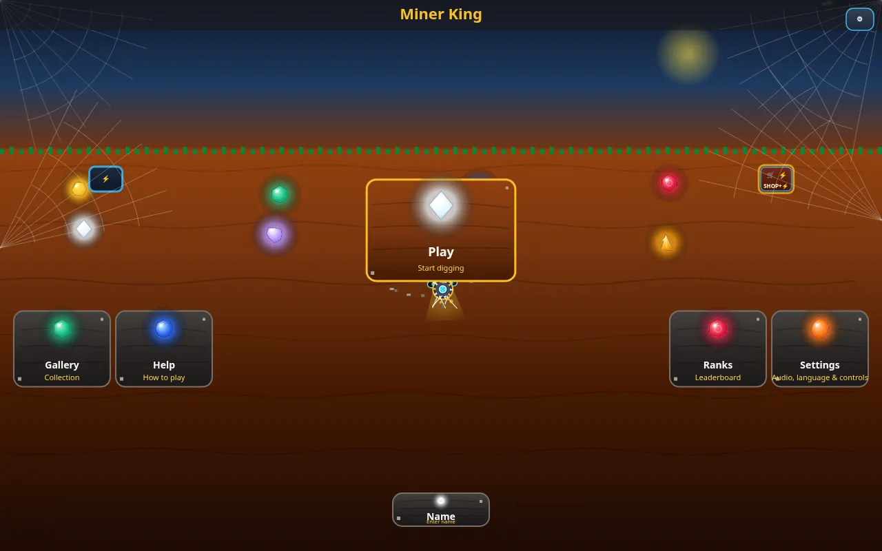 Miner King home screen over a cut-away of orange earth: a large Play card that says Start digging in the middle, Gallery and Help cards on the left, Ranks and Settings cards on the right, a Name card at the bottom, a shop sign and a charge pad icon at the edges