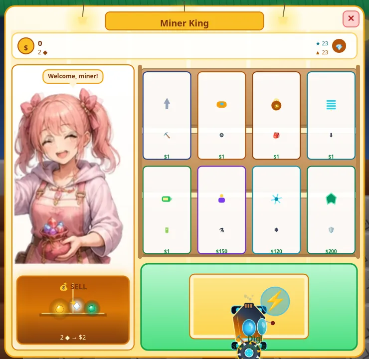 Miner King shop: a shopkeeper on the left above a Sell box showing 2 gems for $2, a grid of eight upgrade cards on the right priced $1, $1, $1, $1, $1, $150, $120 and $200, and a Dig button at the bottom