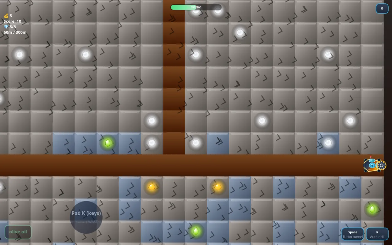 Miner King at 60 metres: a long horizontal brown tunnel cut through grey rock, the drill at its right end, white, yellow and green gems scattered in the rock above and below, and a small olive oil label in the bottom-left corner