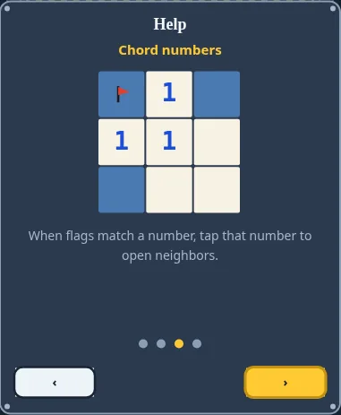Help card titled Chord numbers: a 3×3 example with one flag and three 1s, and the text: When flags match a number, tap that number to open neighbors