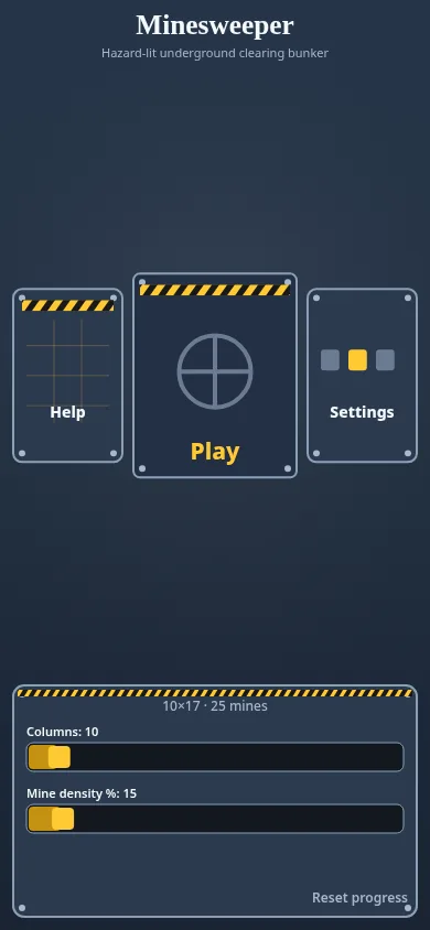 Minesweeper menu in a tall phone-sized window: Help, Play and Settings cards, and a panel reading 10×17 · 25 mines with a Columns slider at 10 and a Mine density slider at 15 percent