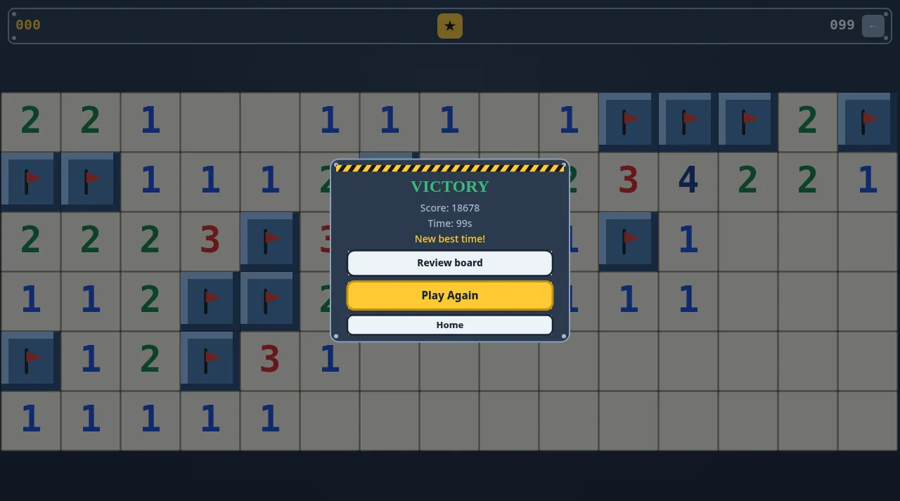 Victory panel over the finished board: Score 18678, Time 99s, New best time!, with Review board, Play Again and Home buttons; all remaining charges are shown flagged