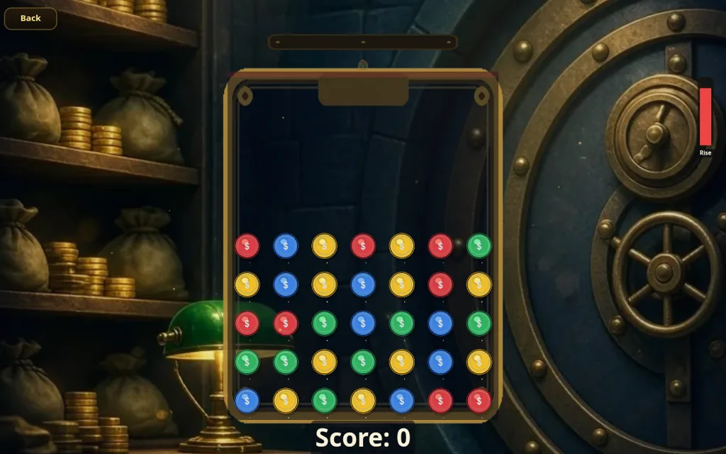 Coin Vault Action stage: a vault-themed board with five rows of red, blue, yellow and green coins, the Rise meter on the right glowing red and Score 0