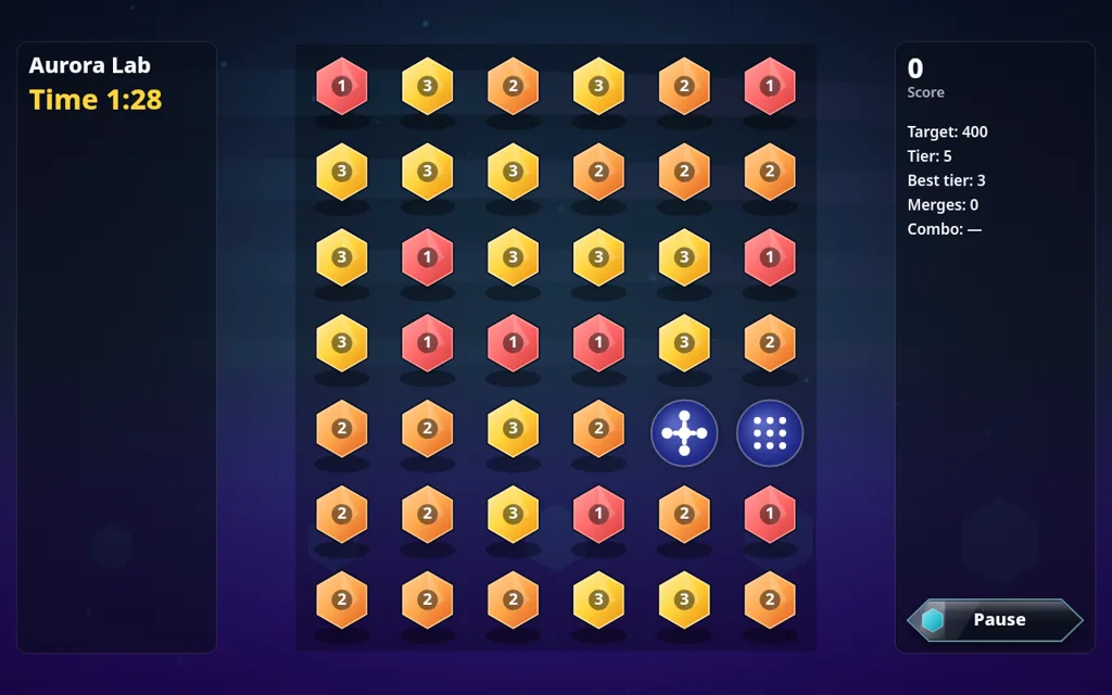 Prism Merge Aurora Lab stage: a 6 by 7 board of numbered hexagon shards in red, orange and yellow, two round blue chips, a timer at 1:28 and a side panel with Score 0, Target 400, Tier 5, Merges 0
