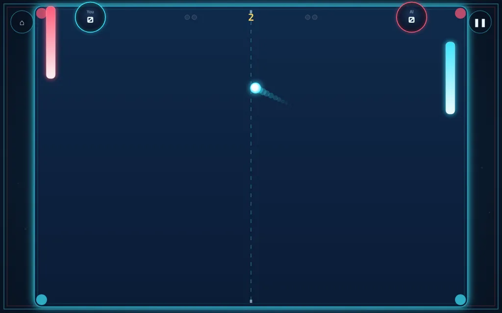 Table Pong rally: the ball streaking across the centre line, our cyan paddle on the right and the AI's red paddle at the top left