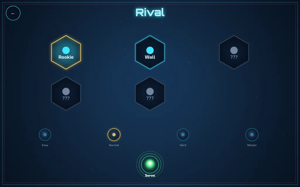 Table Pong rival select: two unlocked AI rivals, Rookie and Wall, three locked rivals marked with question marks, four difficulty dots and a glowing Serve button